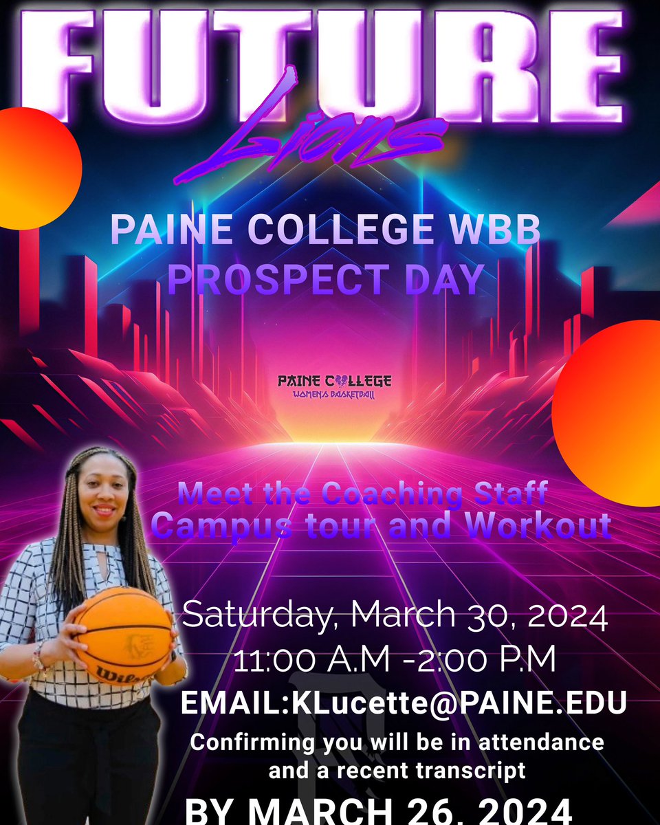PC_COACH's tweet photo. Exciting news!  Join us  for the Paine College Women’s Basketball Prospect Day is on March 30, 2024, 11 AM to 2 PM. Confirm your attendance by emailing your transcript by March 26. Be ready for a campus tour and workout!  #PaineCollegeBasketball #ProspectDay2024 @CghrMedia https://t.co/W6HJ0rqUTn