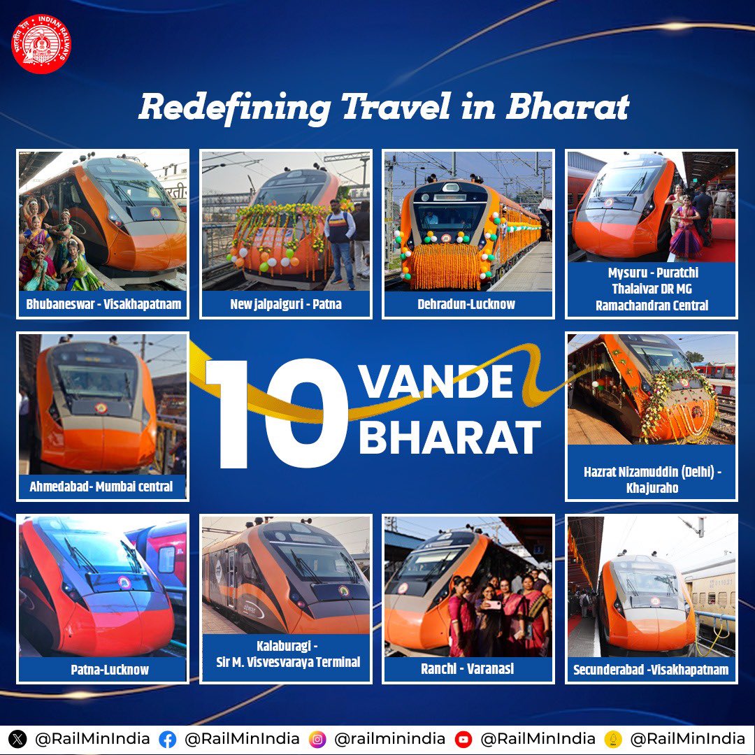 The ever-changing portrait of Viksit Bharat!
10 #VandeBharatExpress trains embark on their inaugural journey from different railway stations across the Nation.
#ModiSarkarKiGuarantee
#RailInfra4Bharat