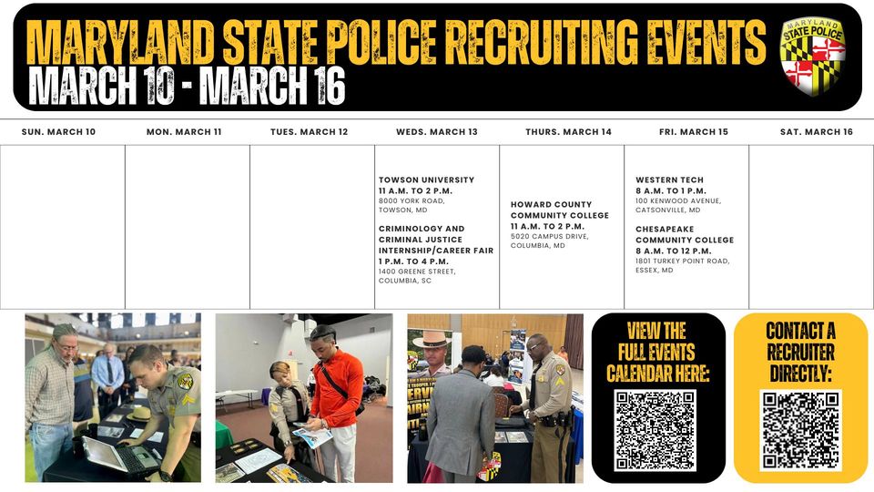 MD State Police on X: "Explore our recruiting events calendar to find out  how you can join #MDSP. We have lots of opportunities for you. Don't miss  your chance to serve #Maryland