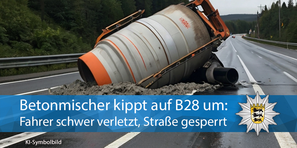 PolizeiRT's tweet photo. 🛣️ Heute Morgen ist ein #Betonmischer auf einer Anschlussstelle der #B28 bei #Dettingen #Erms umgekippt.

🚒 🚑 Der Fahrer musste befreit werden.

⛔ #Vollsperrung wegen 🧽🫧 #Fahrbahnreinigung + Abtragung Bankett

Allein der Schaden am Betonmischer rund 50.000 €. https://t.co/OtQ9GWjvkY