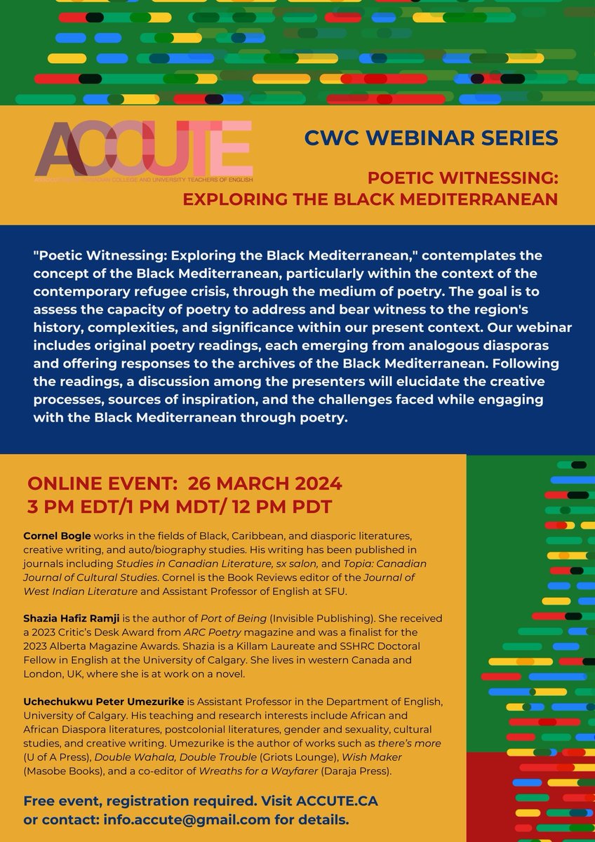 Please join us online as we reflect on the Black Mediterranean & our poetics on March 26. The event is free & organized by @ACCUTEnglish eventbrite.com/e/poetic-witne… #Mediterranean #migrations #poetry #diaspora --