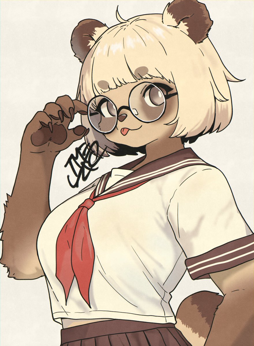 1girl animal ears solo tongue tongue out glasses skirt  illustration images
