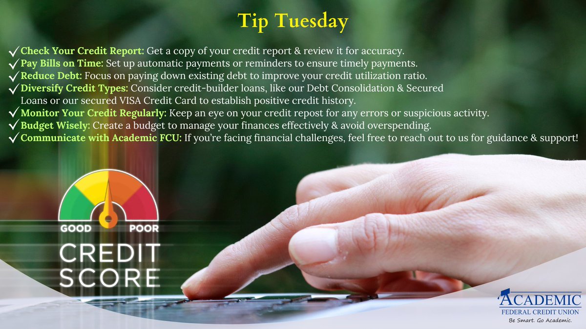 AcademicFCU's tweet photo. #NationalCreditEducationMonth is a great opportunity to enhance your financial literacy &amp; build a strong credit profile!💲By following these tips &amp; working with #AcademicFCU you can achieve a strong credit score &amp; improve your financial well-being!🎓 #TipTuesday https://t.co/cx9OoR8NRm