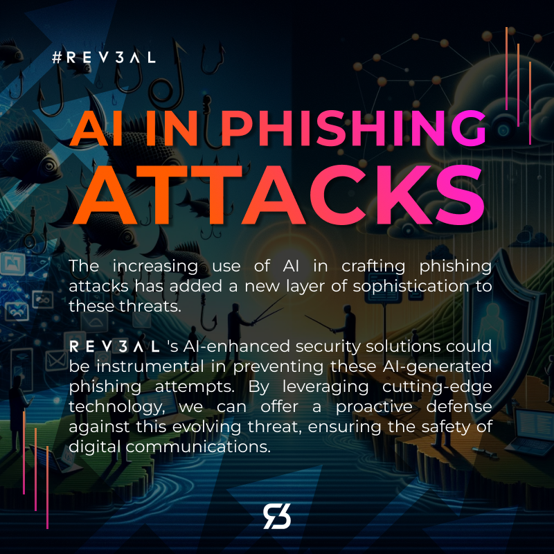 Rev3alTech's tweet photo. AI's role in sophisticated phishing attacks grows, but REV3AL's AI-enhanced solutions counter these threats effectively. Our cutting-edge tech ensures proactive defense and digital communication safety. #AIPhishingDefense #CyberSecurity #DigitalSafety #REV3AL https://t.co/oA2KPXVkGG