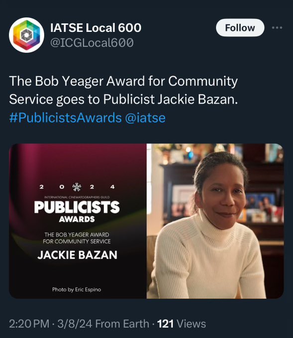 BazanEDucation's tweet photo. I’m incredibly proud to have received the ICG Bob Yeager Award for Community Service for my work supporting the education community through https://t.co/3Dw64kwnVc at Friday’s 61st ICG Publicists Guild Awards! Thank you for shining a light! #PublicistsAwards #iatse https://t.co/EYUht3lyXz