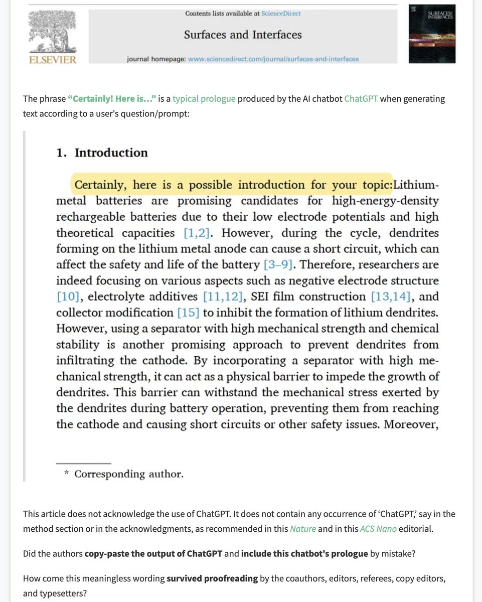🤖 So #ChatGPT wrote the first sentence of this @ElsevierConnect article. Any other parts of the article too? How come none of the coauthors, Editor-in-Chief, reviewers, typesetters noticed? How can this happen with regular peer-review? pubpeer.com/publications/C…