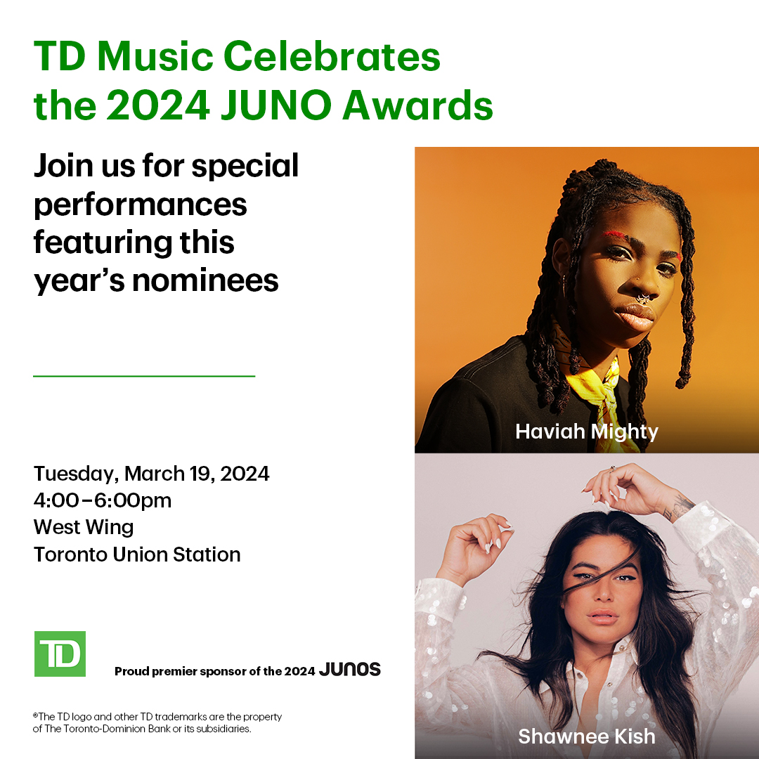 Torontounion's tweet photo. On March 19th #TDmusic will be celebrating 2024 JUNO Awards.
Join us for a free performance featuring nominee artists Haviah Mighty and Shawnee Kish. 🎵
It’s OK to take the next train!
📆March 19th 2024
⏰4pm - 6pm
📍West Wing
#torontounion #unionstation #TDMusic https://t.co/wxiEXYn59q