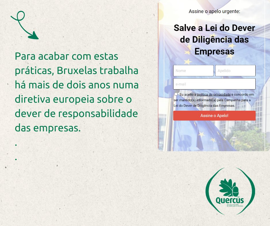 Sabia que o lobby das empresas conseguiu travar a lei da cadeia de abastecimento da UE no último minuto?

Aqueles que lucram com o trabalho infantil ou a desflorestação continuam a não ter de temer consequências. 

Assine o apelo para salvar esta lei: shorturl.at/alLW6
