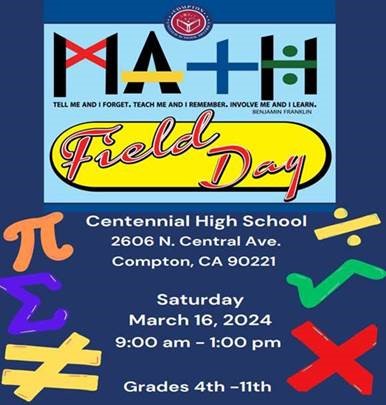 ComptonUnified's tweet photo. Please join us as CUSD's 450 math champions come together to compete with their peers at the Math Field Day on Sat, March 16. Hosted at Centennial HS, scholars from 4th to 11th grades will be participating in the day’s events!

#math #mathfieldday #ComptonUnified #Elevate https://t.co/n7vrdc8VuZ