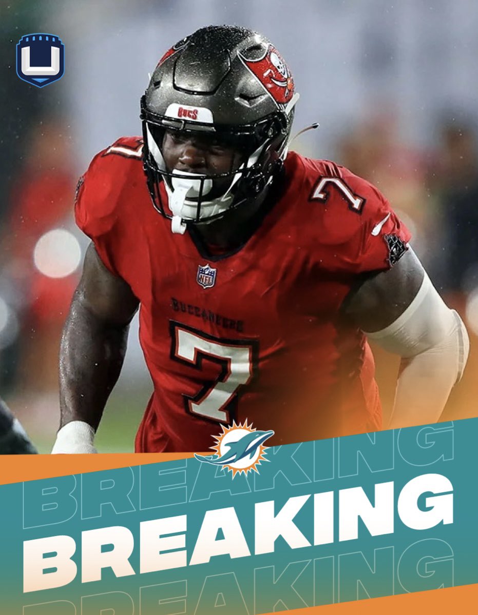 uSTADIUM's tweet photo. JUST IN: All-Pro pass rusher Shaq Barrett has agreed to a deal with the #Dolphins, per @Schultz_Report.

Some much needed help for Miami after losing Van Ginkel and Wilkins on their defensive line. https://t.co/qIuCJjmXMi