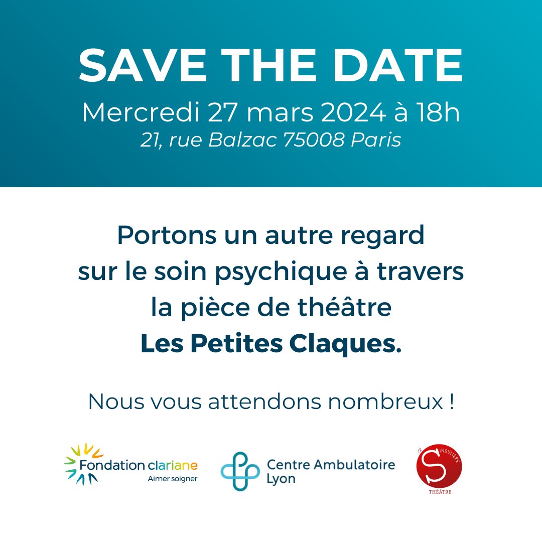 🎭 Lors de la Journée Mondiale du théâtre, la Fondation Clariane accueillera le mercredi 27 mars la troupe théâtrale La Singulière Théâtre au siège Clariane pour présenter leur spectacle #LesPetitesClaques. Pour vous inscrire à l’événement, par ici➡️ fondation.clariane.com/event/4ccbdd07…