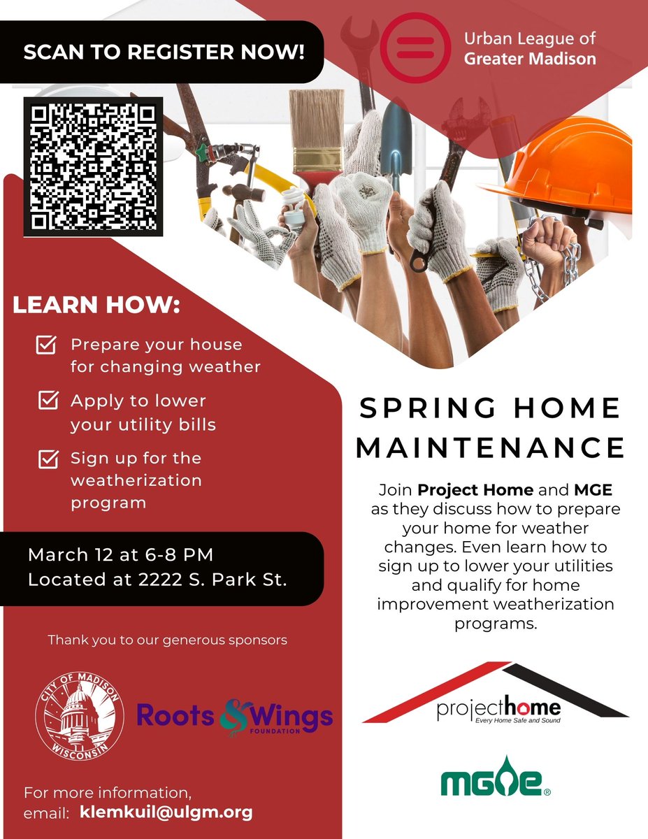 🏠 Transform your home into a haven for FREE! Join @ULGM, @projecthomewi, and @mgemadison tonight, March 12, 6-8 PM at 2222 S. Park St. Discover secrets + tricks to lower utility bills & have a cozier, greener living space. RSVP: tinyurl.com/bdh27j7m @rubenatonyjr @elee532