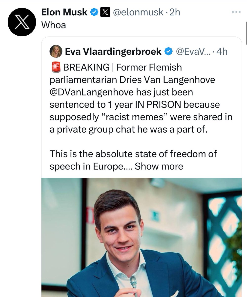 Dear <a href="/elonmusk/">Elon Musk</a>, 
In Belgium, racism is not an opinion. It is a crime. Rightfully, so. 

Freedom of speech ends where hate begins. So simple is that.