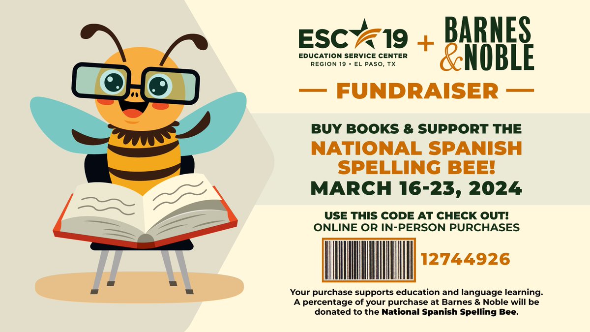 National Spanish Spelling Bee! Purchases made will contribute! Just present the barcode at Registers in our stores nationwide or enter the number at checkout online! Visit our El Paso locations on the 16th & 23rd for special activities! @txteachersz @natSpanishbee @bn_classwork