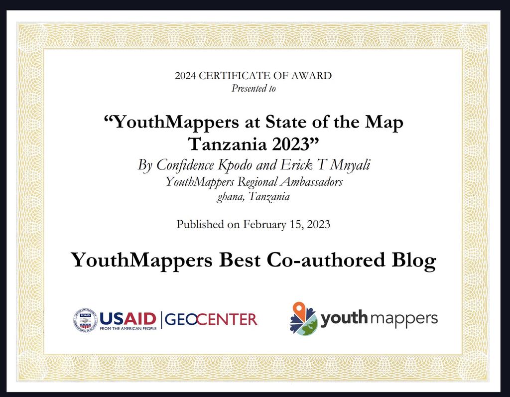 "Honored! 🥂🌎 Best Co-Authored Blog award from <a href="/youthmappers/">YouthMappers</a> 🏆✨ with <a href="/Aku_Sedodo/">Confidence Kpodo</a>

Huge shout-out to the amazing YouthMappers chapters in Tanzania featured on this piece in celebration of <a href="/sotm_tanzania/">SoTM_Tanzania</a>

 <a href="/Crowd2Map/">Crowd2Map Tanzania</a> <a href="/OMDTZ/">OpenMap Development Tanzania</a> <a href="/openmapping_esa/">The Open Mapping Hub-Eastern & Southern Africa Hub</a> <a href="/Tanzania_RA/">Tanzania Resilience Academy</a> <a href="/mapaction/">MapAction</a> <a href="/hotosm/">Humanitarian OpenStreetMap Team</a>