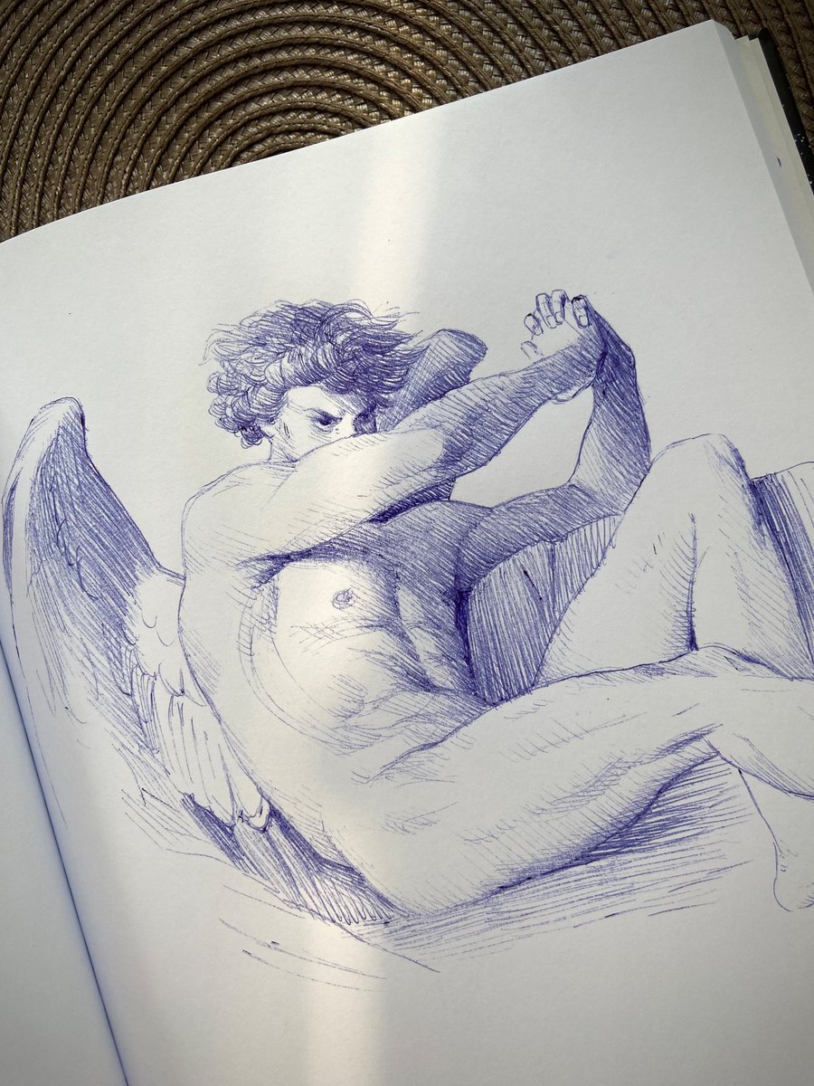 Ballpoint pen study of „The Fallen Angel“ by Alexandre Cabanel. The light ray is a paid actor btw.