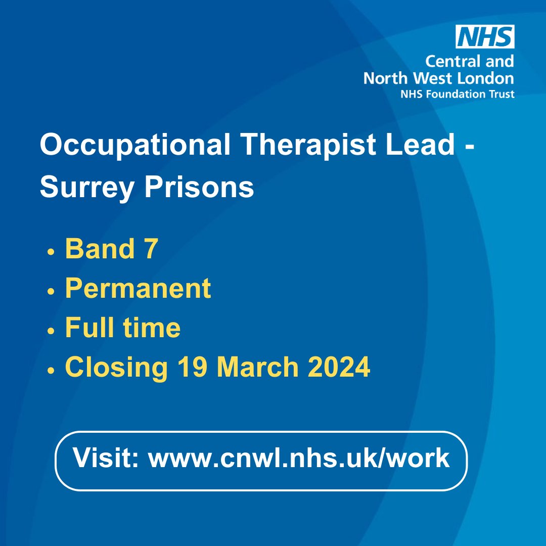 We're recruiting a Lead Occupational Therapist to join our Health & Justice teams across our Surrey Prisons to provide a valued and uniquely contribute to a multi-disciplined approach to care. If you’re interested, apply here: cnwl.nhs.uk/work#!/job/UK/…