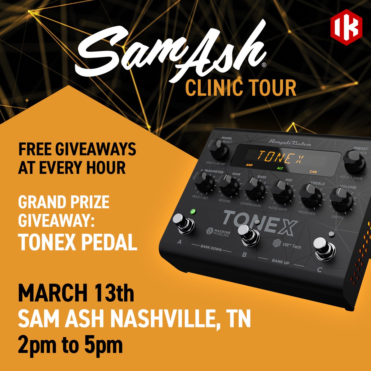 Next stop: Nashville. 🤠 Join us this Wednesday at @samashmusic to get hands on with our latest IK tools and technology for guitar. bit.ly/iksamash24