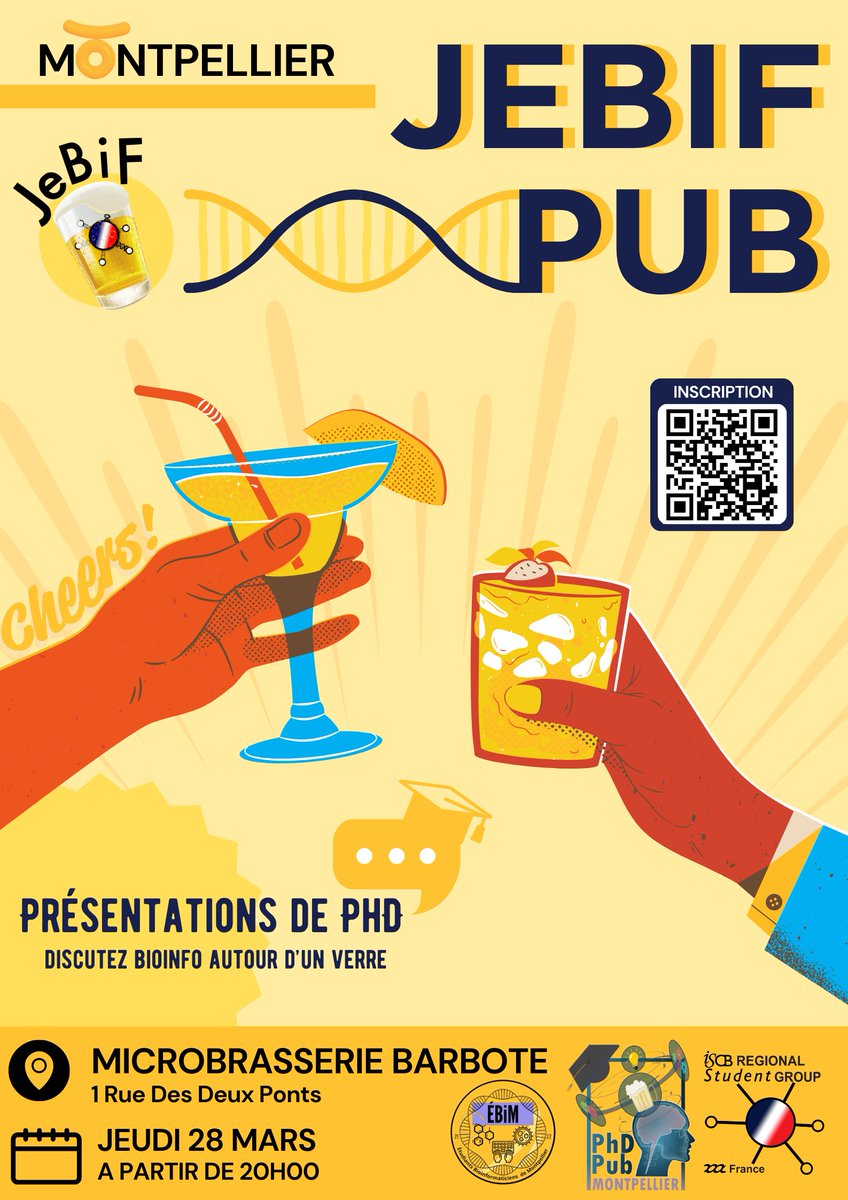 🚨#𝙅𝙚𝘽𝙞𝙁 𝙥𝙪𝙗 𝙈𝙊𝙉𝙏𝙋𝙀𝙇𝙇𝙄𝙀𝙍🚨 Edition spéciale en collab avec les @phd_pub et le master de bioinfo de Montpellier ! Venez discuter de #bioinfo autour d'un verre ! 𝙈𝙤𝙣𝙩𝙥𝙚𝙡𝙡𝙞𝙚𝙧: le 28/03 dès 20h a la Barbote