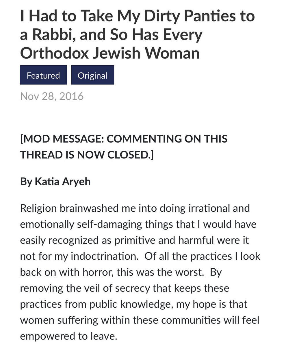 realstewpeters's tweet photo. 🚨Jewish Law Requires Women to Take Their Dirty Panties to a Rabbi for INSPECTION 🕵🏻‍♂️

NIDDAH: Jewish laws of family purity that revolve around the color of a woman’s vaginal discharge. ✡️👙

Rabbis are LITERALLY panty sniffers, BY LAW! https://t.co/w9TFHcjsLl