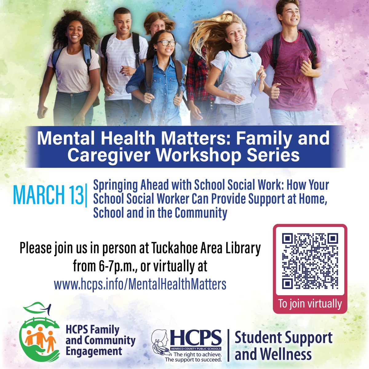 There's no better time to learn about HCPS social workers than Social Work Month! 🙌 Join us Wednesday at Tuckahoe Area Library at 6 p.m. for 'Springing Ahead With School Social Work.' Can't attend in person? You can also join virtually at hcps.info/MentalHealthMa….
