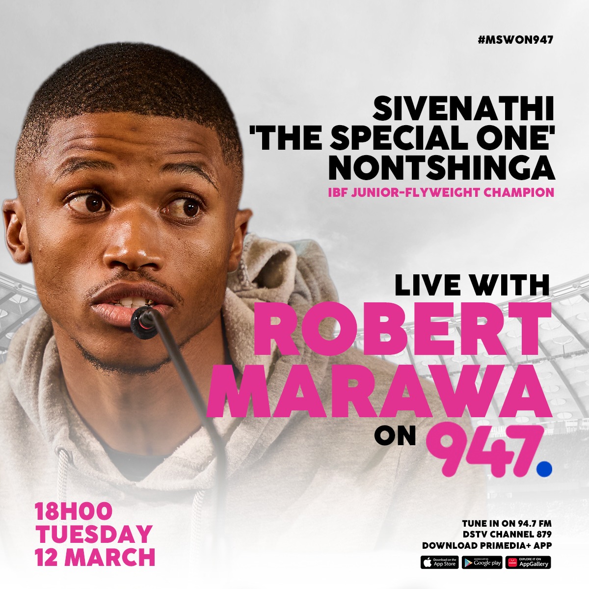 Two-time World Champion and current IBF Junior-Flyweight CHAMP, Sivenathi 'The Special One' Nontshinga is in the building!! Join the chat TONIGHT on #MSWOn947 📲 Download Primedia+ App primediaplus.com 📽 📲 060 708 0484 @947 @RISEfm943 @VumaFM @SowetanLIVE