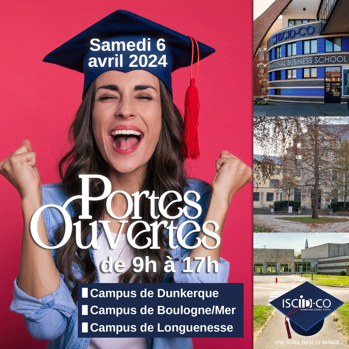 Notre prochaine JPO se déroulera le samedi 6 avril !

Nos équipes vous accueilleront
🕘 de 9h à 17h
↪️ sur nos trois campus

#JPO #jpo2024 #internationalbusinessschool #management #commerce #marketingdigital #tourisme #évènementiel #achats #finance #RHOP @ULCO_Univ