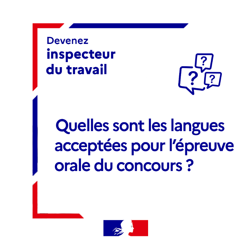 Travail_Gouv's tweet photo. #Recrutement | Devenez inspecteur du travail !

➡ Quelles sont les langues acceptées pour l'épreuve orale du concours ?

Vous avez des questions autour du métier d’inspecteur du travail ? On  vous répond ⤵
