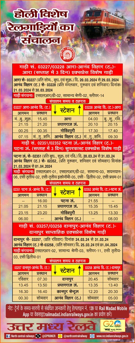 भारतीय रेल द्वारा अपने सम्मानित रेल यात्रियों की सुविधा को ध्यान में रखते हुए होली पर्व के अवसर पर निम्नलिखित विशेष रेलगाड़ियों के संचालन किये जाने का निर्णय लिया गया है, जिसका विवरण निम्नवत है:-
