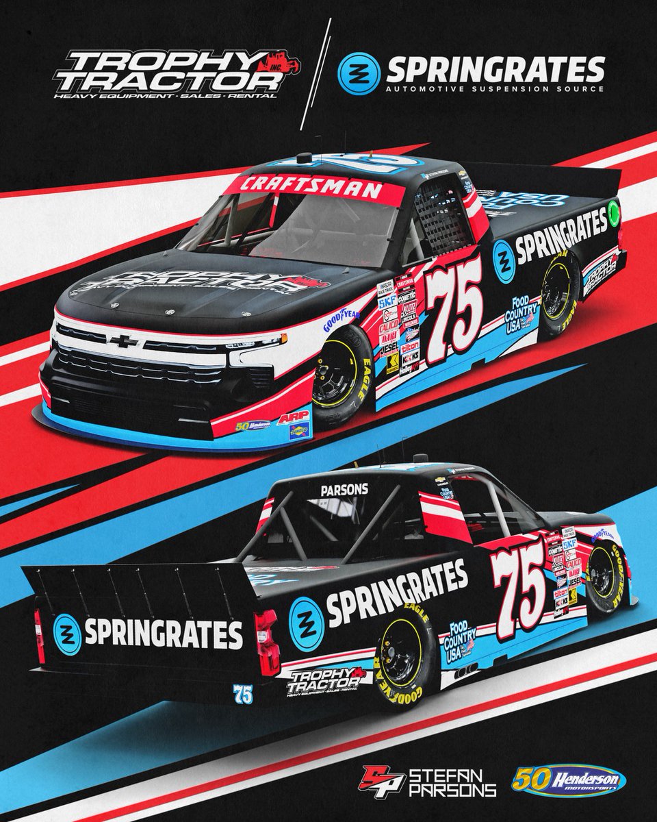 We're partnering with Stefan Parsons and Trophy Tractor to run the Henderson Motorsports #75 Silverado at Circuit of The Americas on March 23. This is going to be a great one to watch! 🏁 @StefanParsons_ @HendersonRace @TrophyTractor @TeamChevy @NASCAR_Trucks @FS1 @COTA