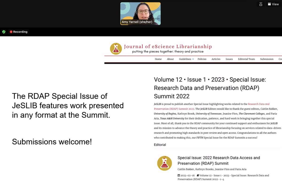 Happy #RDAP24 Day 1! 🎉 Reminder to all presenters & attendees to submit your work/experience to the @RDAPassn Special Issue. Questions? Find a publishing committee member or #JeSLIB editor to chat with!