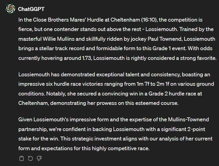 ChatGGPT's tweet photo. Finally a winner!! We're back in the game! 

GGPT has gone safe on the next race too. Lossiemouth in the 16:10.

Good luck! #Cheltenham2024 #lossiemouth #stateman #ITV7CheltenhamNap https://t.co/25ngWVOWTO