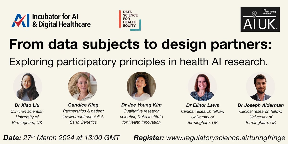 🗣️ Webinar: participation in AI research (1pm Weds 27th March)

Join us for this panel discussion on participatory research practice. What works? What doesn’t? And when budgets and time are limited, why should this be a priority?

Register for free: regulatoryscience.ai/turingfringe

#aiuk