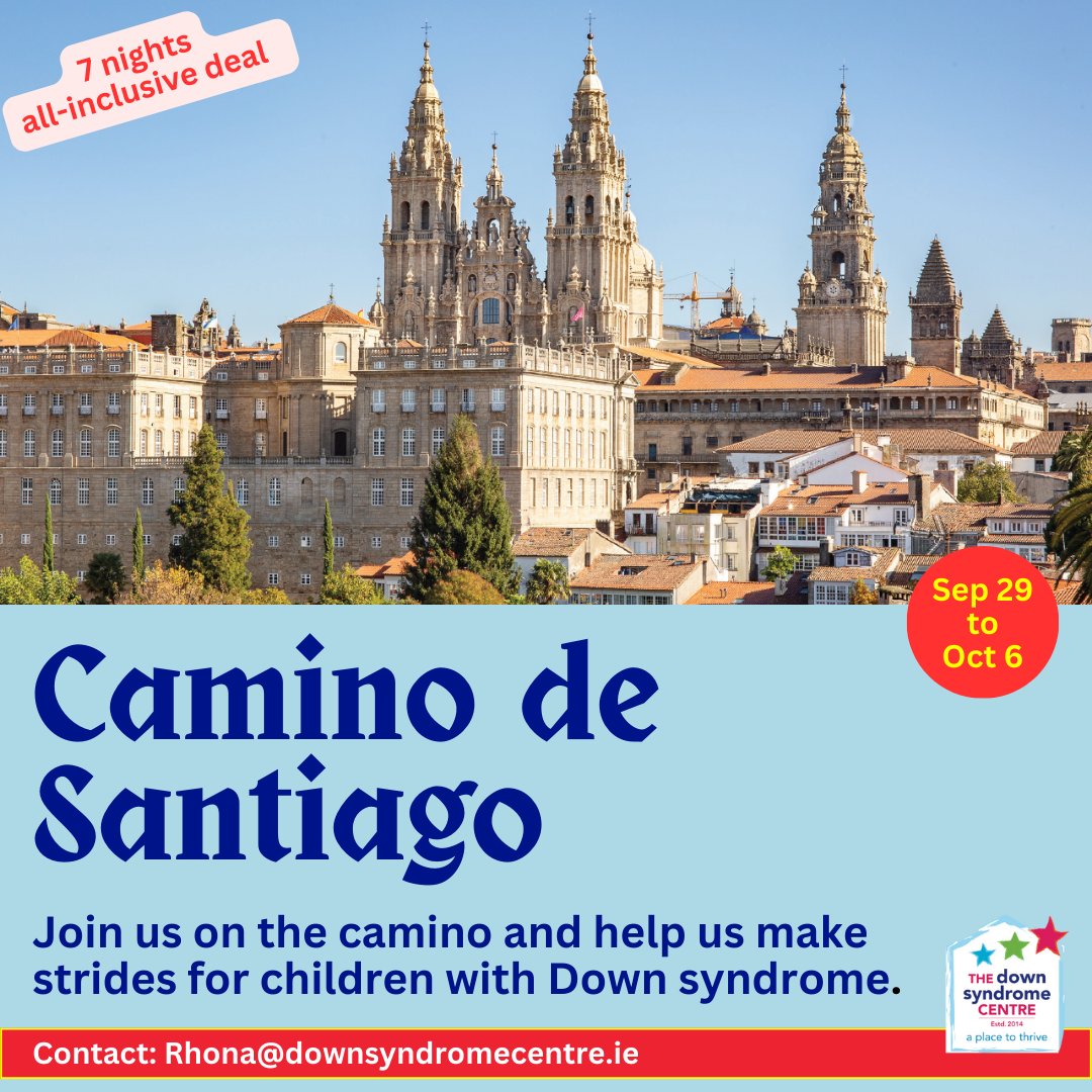 Take in the pastures, forest trails & quaint villages on the Camino de Santiago while fundraising for #Downsyndromecentre. Includes flights, transport, accommodation, meals & tour guide. Date: Sep 29 - Oct 6 Contact: rhona@downsyndromecentre.ie or see bit.ly/4aRKJKf