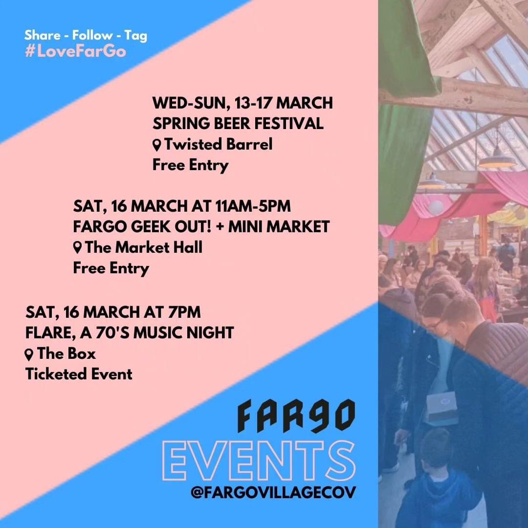 This weeks events at @FargoVillage #beer festival with live music, food and beer offers Find your inner Geek on Saturday, board games, demos and #dungeonsanddragons And finally groovy sounds of the 70’s Eclectic much! #coventry #whatson