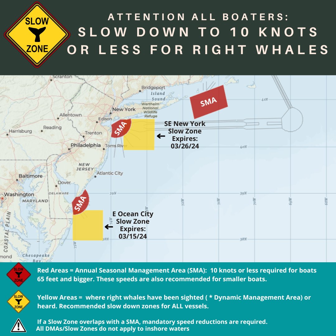 New #RightWhale #SlowZone SE of New York, NY in effect thru 3/26. Mariners are requested to avoid or transit at 10 kts or less. See map for locations of Slow Zones in effect. Sign up for alerts: bit.ly/49AVAXG