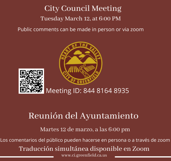 Greenfield_CA's tweet photo. Greenfield City Council Meeting Agenda: https://t.co/hklEfTADUF…… the meeting: https://t.co/1k7kvrHWVE.us---   Reunión del Ayuntamiento Agenda: https://t.co/RgvZmA26qY…… a la reunión:  https://t.co/gy6WjUyzWB #HeartOfTheValley #Greenfield #corazondelvallen #councilmeeting https://t.co/BiO2hQbu9D