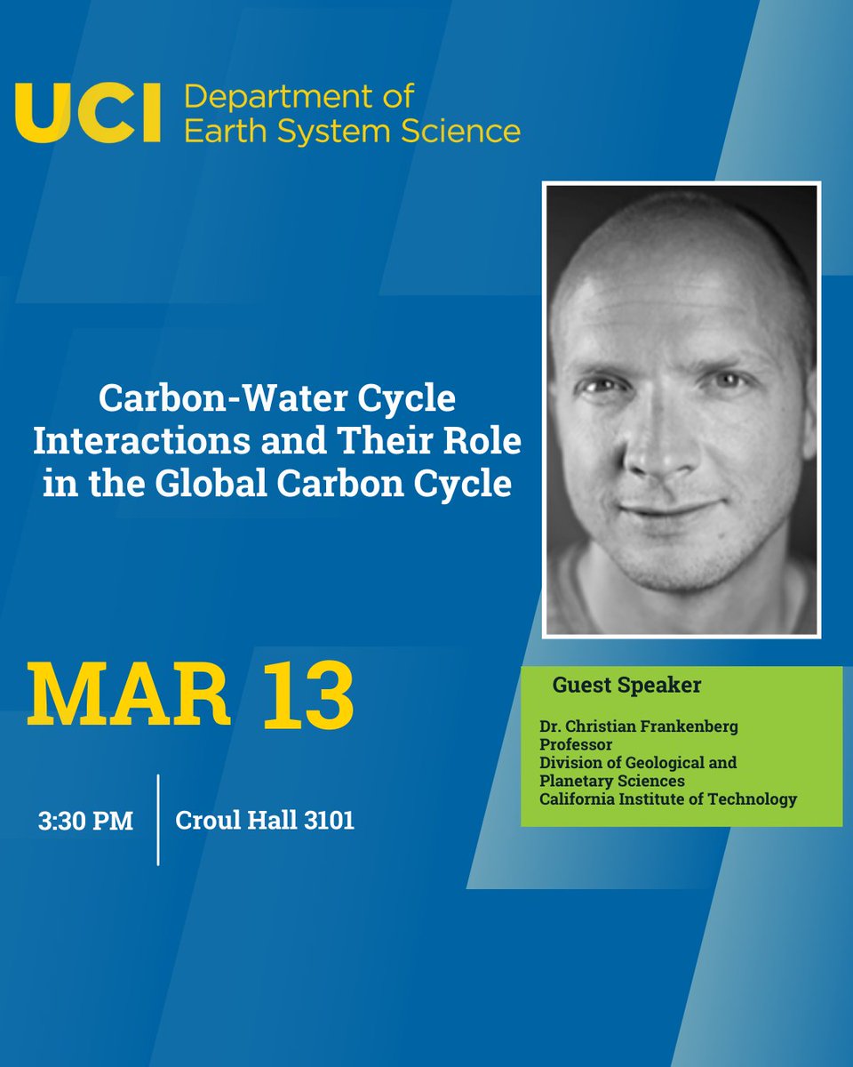 Join us TOMORROW for an insightful seminar presented by Dr. Christian Frankenberg! Dive into the topic of 'Carbon-Water Cycle Interactions and Their Role in the Global Carbon Cycle.' Date: Wednesday, March 13, 2024 Time: 3:30pm Location: Jenkins Room | CRH 3101 #uciess #seminar