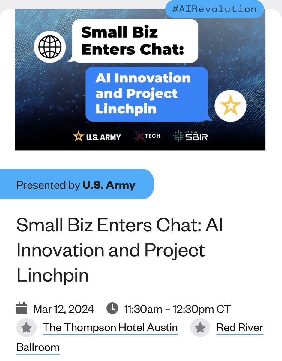 Come out for the last @usarmy panel at #SXSW2024: 📍@thompsonhotels, Austin, TX 🕦 11:30-12:30 @ArmyASAALT @DEVCOM_C5ISR