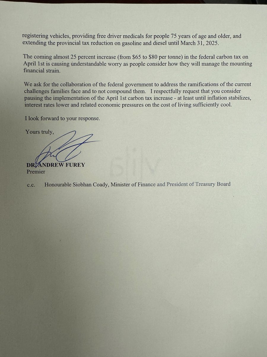 I continue to stand up for Newfoundlanders and Labradorians against the federal carbon tax. I am now asking Ottawa to pause its planned increase to the carbon tax, set for April 1st, as the high cost of living is enough of a burden on families. The full letter is here: