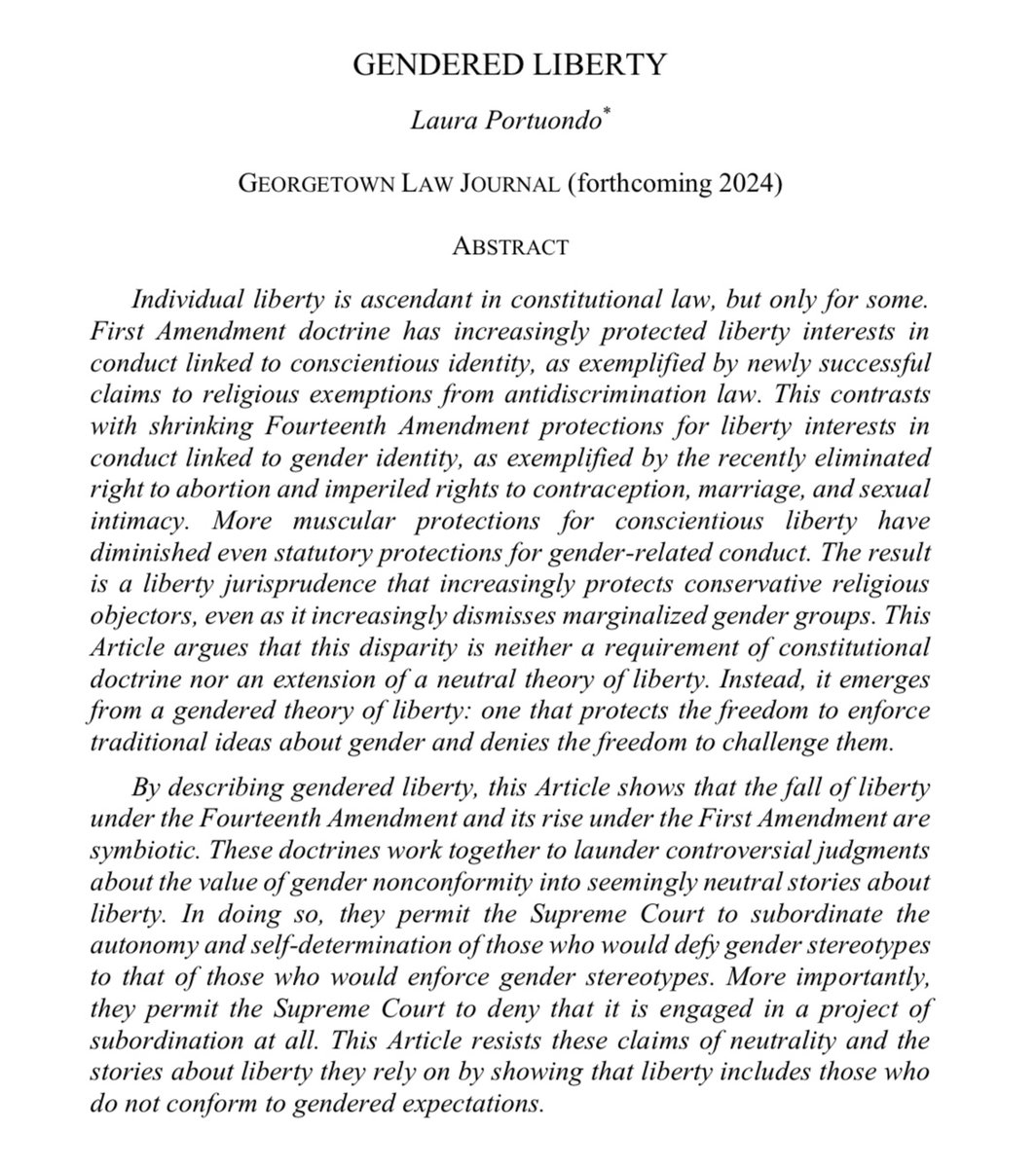 My new article 'Gendered Liberty' (forthcoming @GeorgetownLJ) is now up on @SSRN: bit.ly/3viFNxY It argues that constitutional law has embraced a gendered theory of liberty: one that protects the freedom to enforce gender roles and denies the freedom to challenge them.