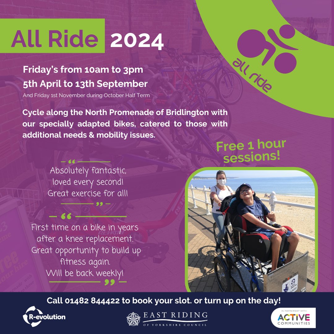 The weather is warming up, so you know what that means!☀️ All Ride is back for 2024, bringing a range of fantastic, adapted bikes to the North Promenade of Bridlington! This free service offers freedom and fun for those with mobility & disability issues Fridays, 10-3pm