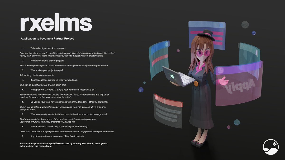 rxelms (@rxelms) on Twitter photo Gm creators, the second round of applications for projects wanting to partner with us has just begun.
Please use this form and send your application to apply@rxelms.com
forms.gle/MmoBQkbXRAa3wo…
You can find a PDF version in our Discord, we look forward to hearing from you! Gm creators, the second round of applications for projects wanting to partner with us has just begun.
Please use this form and send your application to apply@rxelms.com
forms.gle/MmoBQkbXRAa3wo…
You can find a PDF version in our Discord, we look forward to hearing from you!