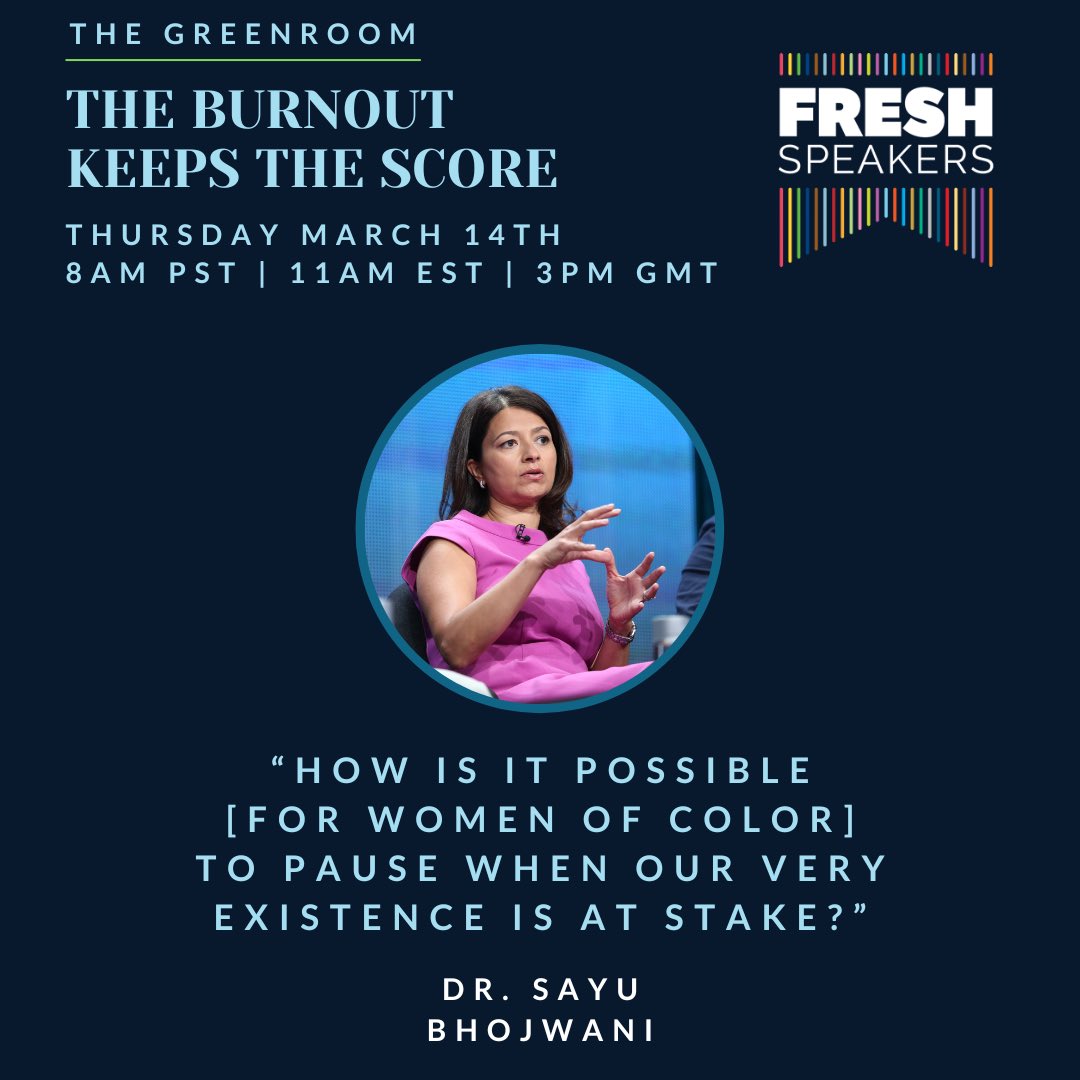 Come to our Greenroom—the first ever open to the public!—a FRESH Speakers Academy gathering where we unpack the deeper questions about speaking &amp; thought leadership that come up in the greenroom of a conference. Special guest <a href="/SayuBhojwani/">Dr. Sayu Bhojwani</a> 

Register here: tinyurl.com/3tcavd2h