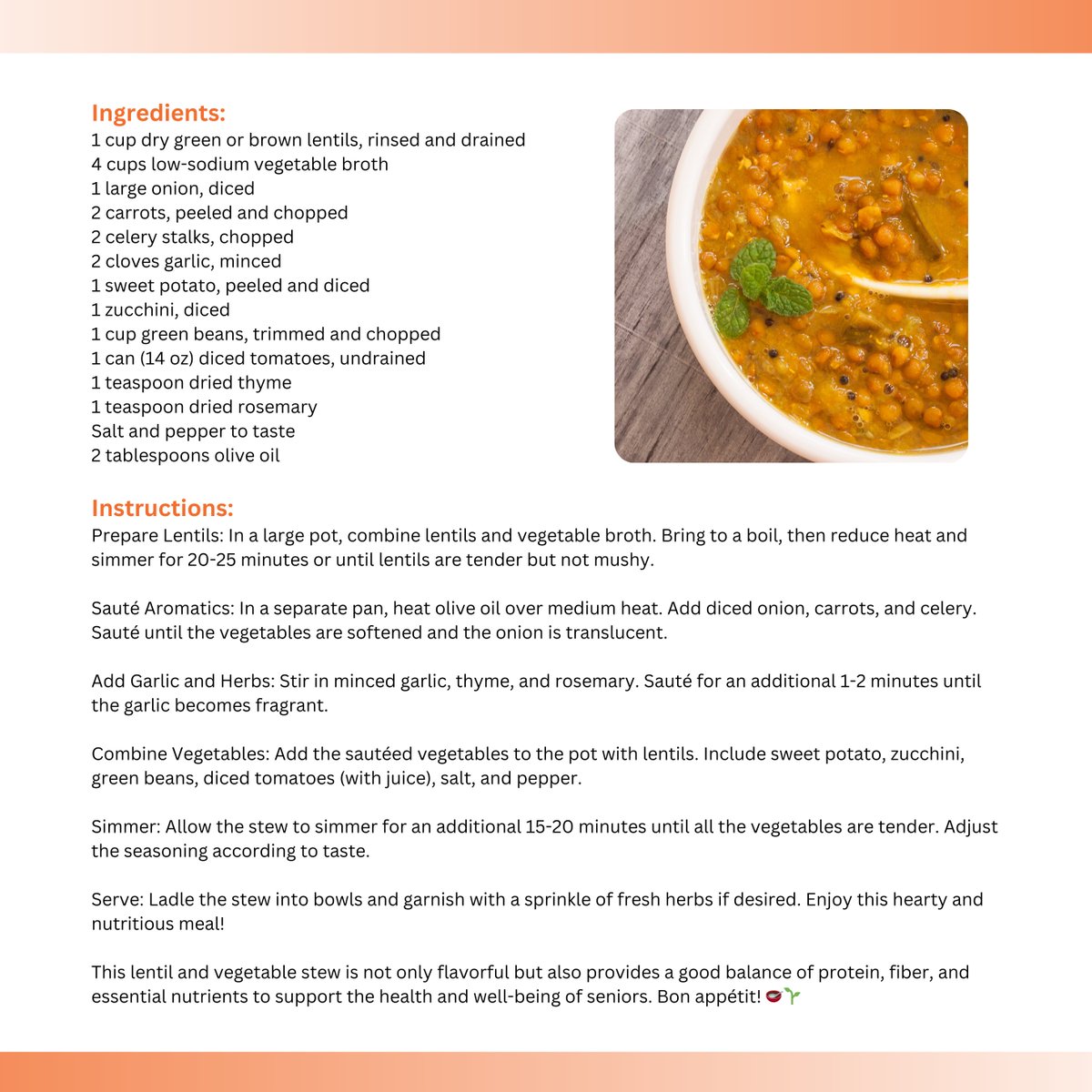 This wholesome and nutrient-packed lentil and vegetable stew is not only delicious but also tailored to support the health needs of seniors. Packed with fiber, protein, and essential vitamins, it's an excellent choice for a nourishing meal. #seniorshealth #seniorsnutrition