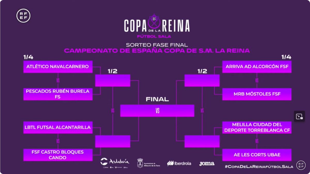 Sorteada la Fase Final de la Copa de la Reina 
🗓️ Del 12 a 14 de abril 
📍 Alhaurín de la Torre, Málaga 
⚔️ Sorteo cuartos de final
#LaCasaDelCuler #CopaDeLaReinaFS