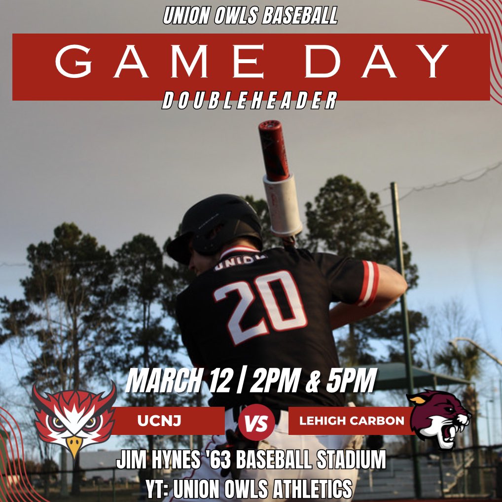 It’s GAME DAY‼️ Owls are home for a doubleheader today vs Lehigh Carbon CC.  

⌚️March 12 at 2pm &amp; 5pm
📍Kean University - Union, NJ
💻LIVE on YT: Union Owls Athletics

GO OWLS‼️🦉