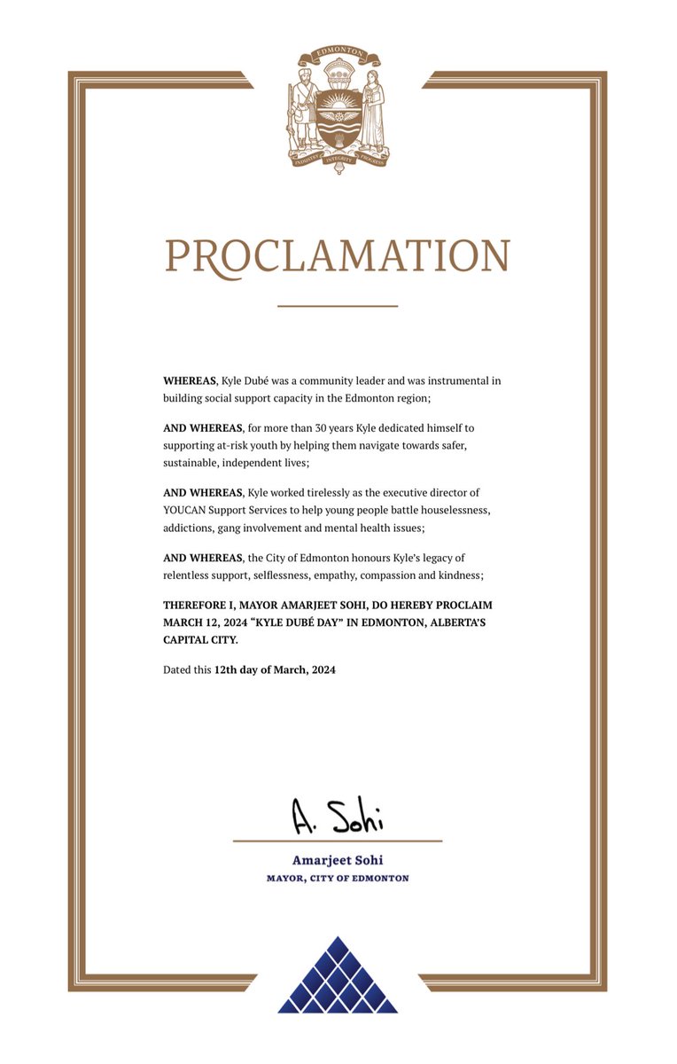Today I want to recognize the passing of an invaluable member of the Edmonton community: Kyle Dube. 

Kyle served as the Executive Director for <a href="/YOUCANEdmonton/">YOUCAN Youth Services</a>, a role that helped him change the lives of many youth across the city.

When we lose a community leader like Kyle, the
