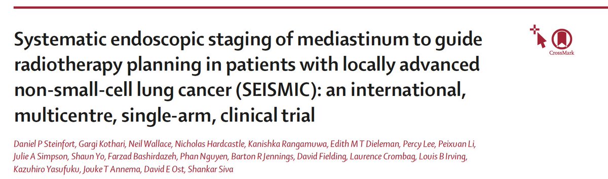 2/ EBUS biopsy is usually only single station to confirm diagnosis. With clinical N2 disease, #radonc rely largely on PET avidity to define ☢️#radiotherapy fields. SEISMIC investigated systematic EBUS nodal staging in patients with locally advanced #lungcancer undergoing #radonc