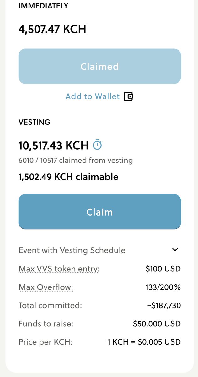 Holy smokes #crofam! I just realized I can make another claim for some vested $KCH tokens! Thank you @VVS_finance for the amazing IGOs! @kachingwin #DGMissions